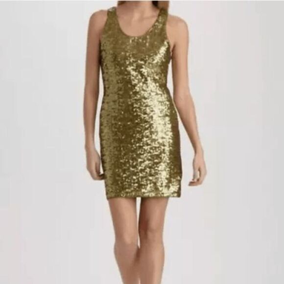 Alice + Olivia Silk Gold - Olive Sequin Mini Cocktail Tank Dress Back Zip Size 8 - Picture 1 of 12